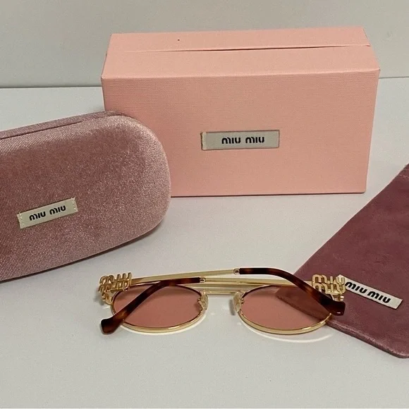 Miu Miu Pink Lens Gold Frame Oval Sunglasses - Picture 6 of 6